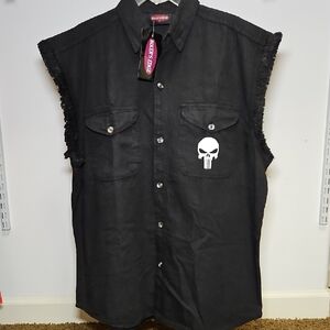 Bikers Edge | Black Sleeveless Punisher Button-Up Shirt | M